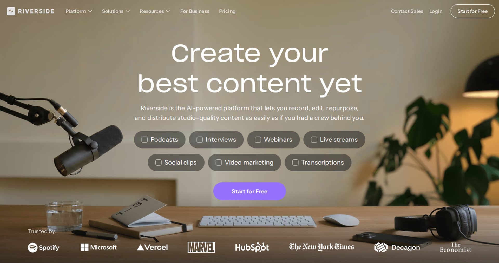 Riverside homepage hero over a desk with a microphone and options for webinars, live streams, and clips