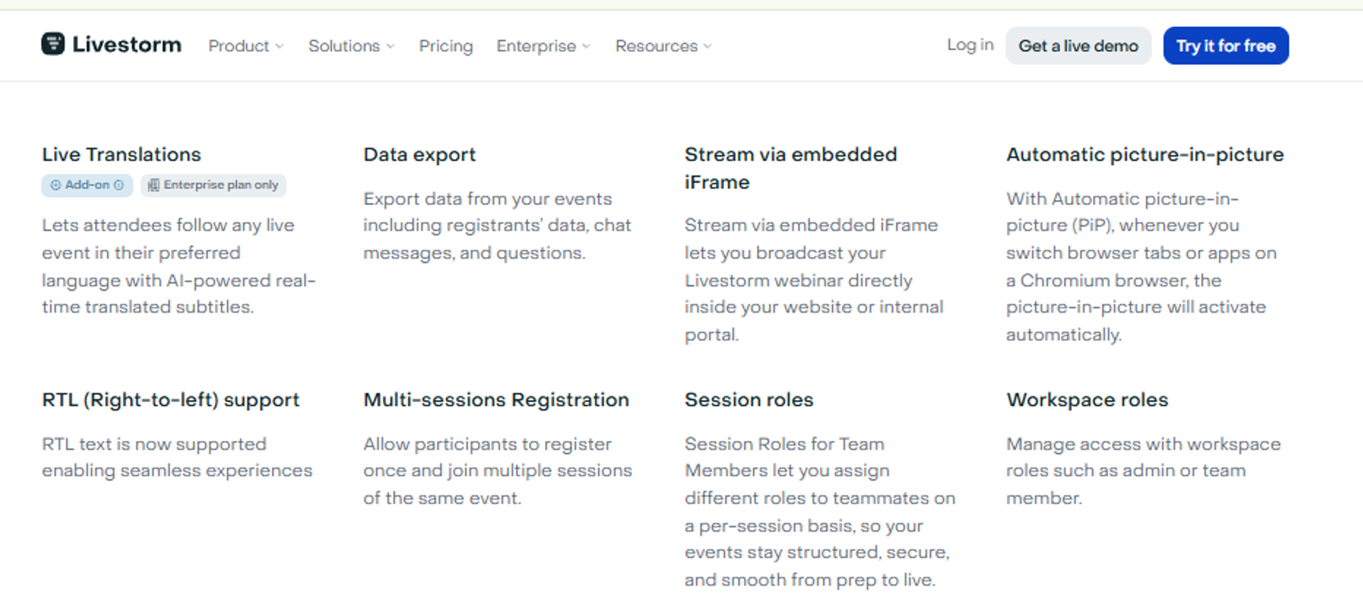  Livestorm feature grid listing data export, embedded iFrame streaming, session roles, and multi-session registration