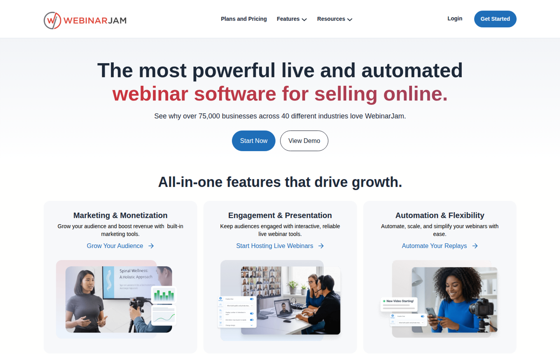 WebinarJam homepage showing the WebinarJam logo, the headline about live and automated webinar software, and feature cards for monetization, engagement, and automation
