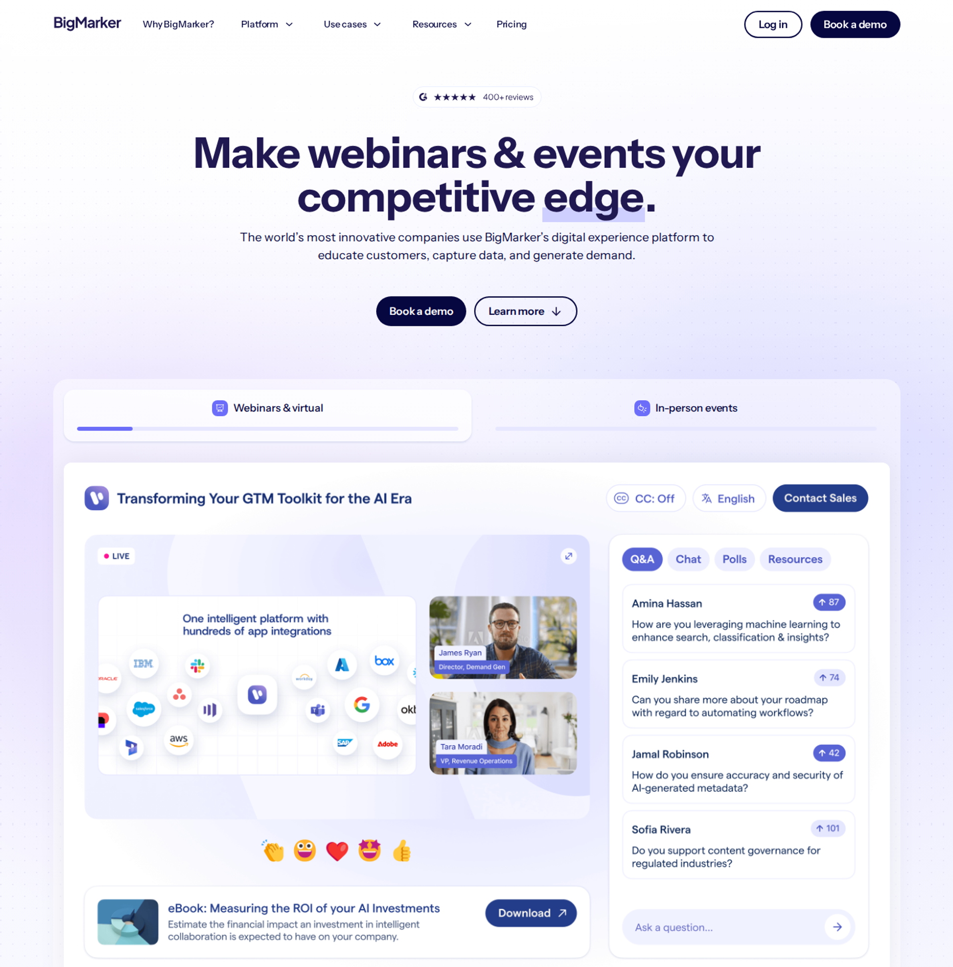 BigMarker homepage headline Make webinars and events your competitive edge above a webinar room with Q&A and chat