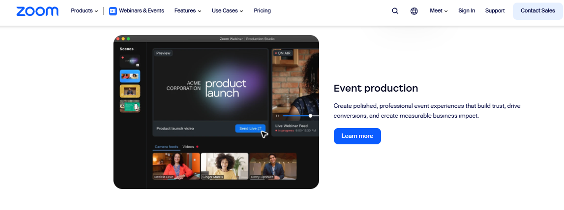 Zoom Webinars production studio interface showing scene selection, camera feeds and send-live video controls