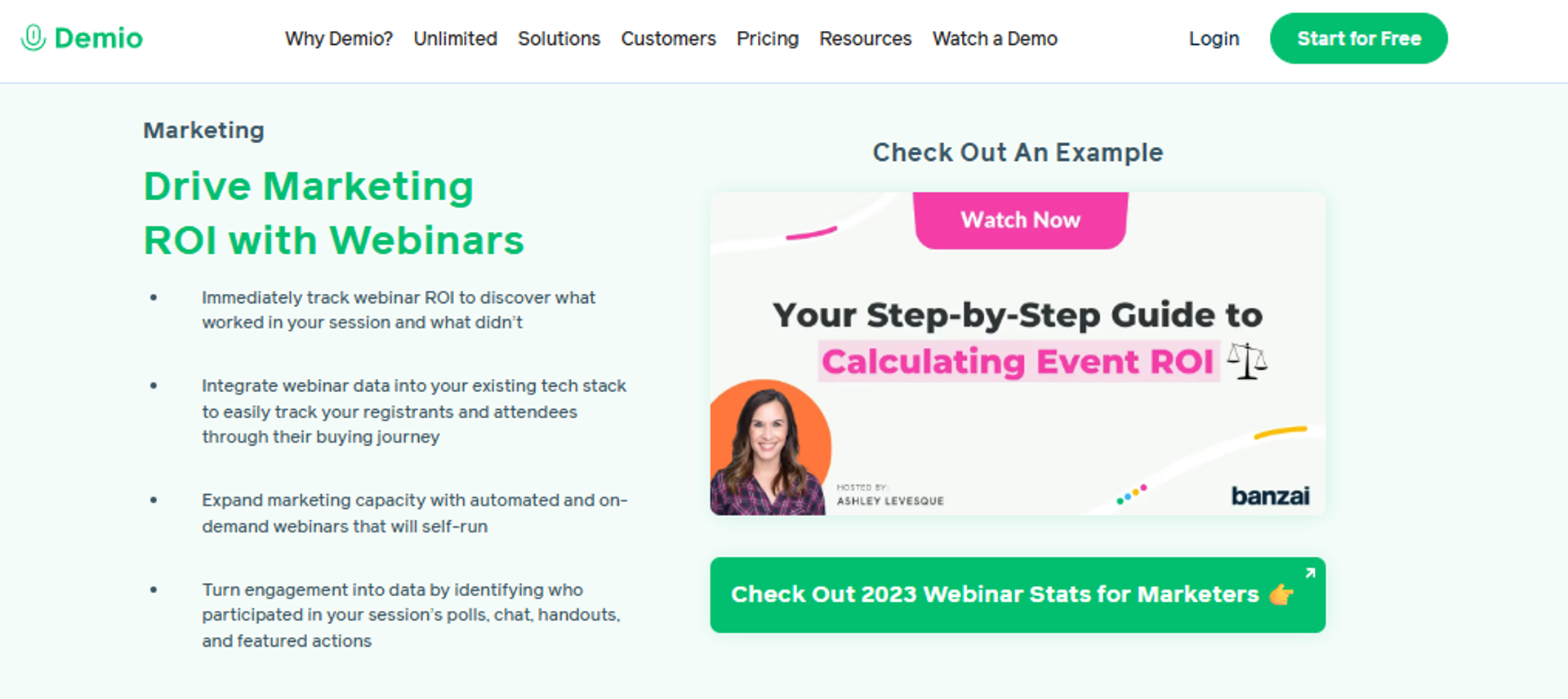 Demio dashboard showing marketing ROI tracking features for webinarninja alternatives