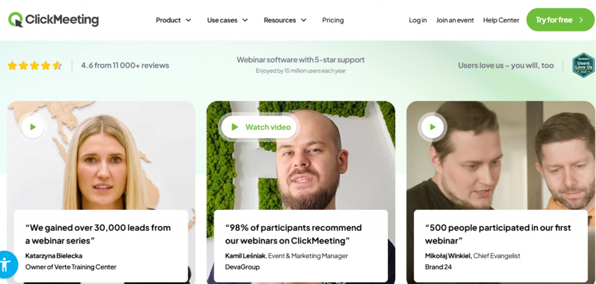 ClickMeeting social proof showing 4.6 rating from 11,000+ reviews and customer lead and attendance results