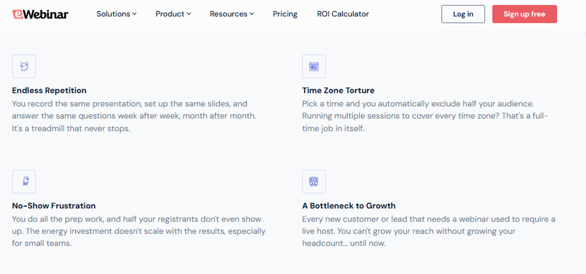 eWebinar page listing operator pain points: endless repetition, time zone torture, no-show frustration, growth bottleneck