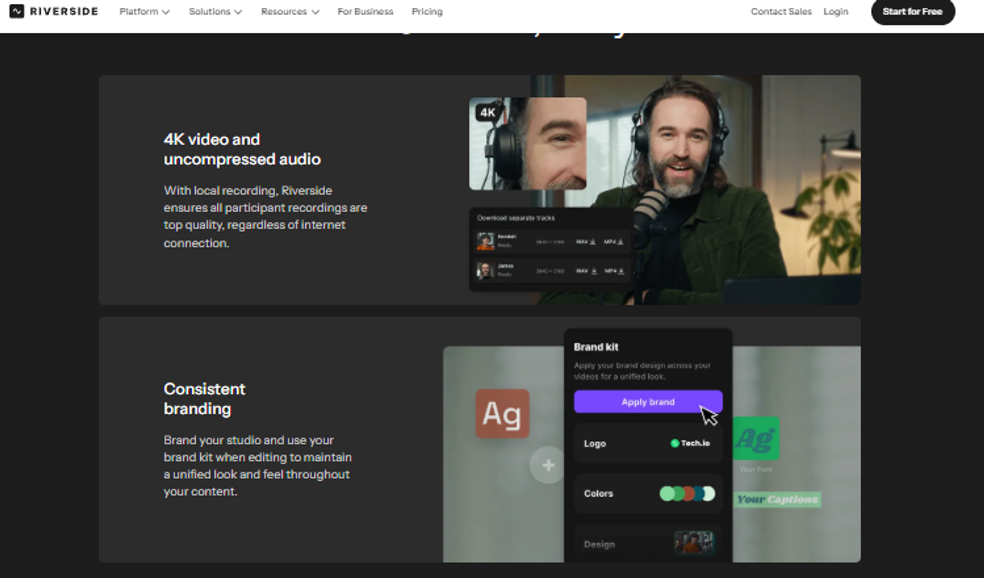 Riverside recording studio showing 4K video, separate local tracks, and consistent creator branding