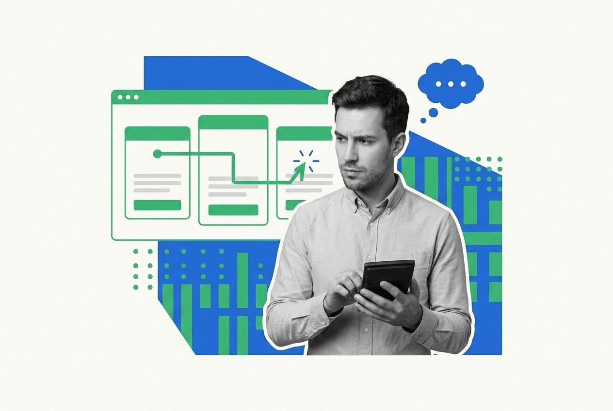 Marketer comparing WebinarNinja pricing plans and attendee limits on a tablet beside webinar funnel and cost charts