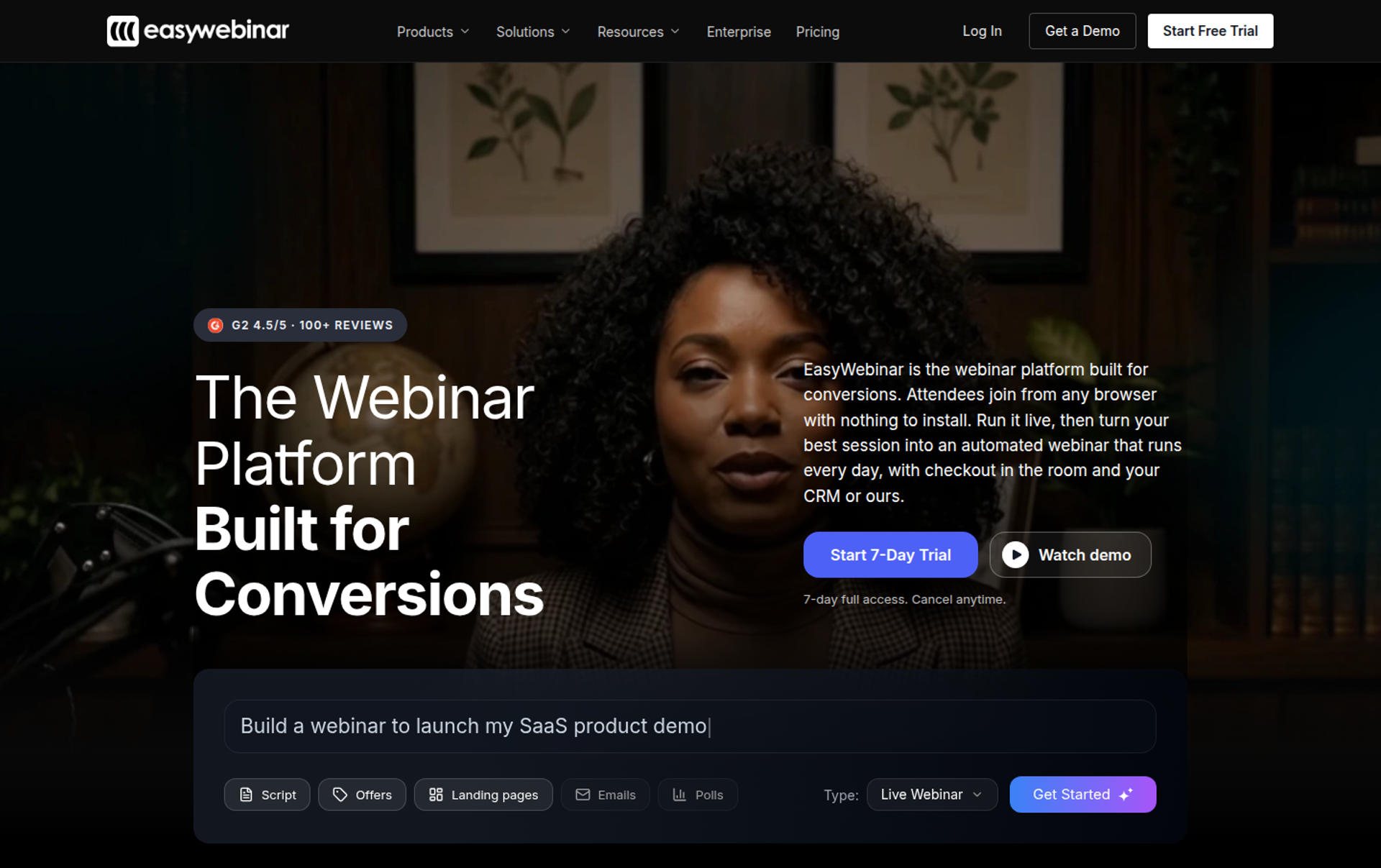 EasyWebinar hero with Webinar Platform Built for Conversions headline, trial button, and AI webinar builder box
