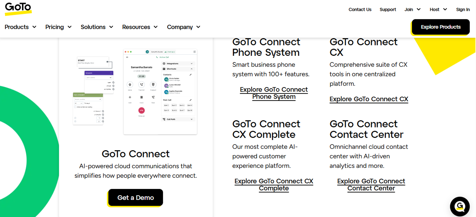 GoTo Connect product suite showing phone system, CX, and contact center tools