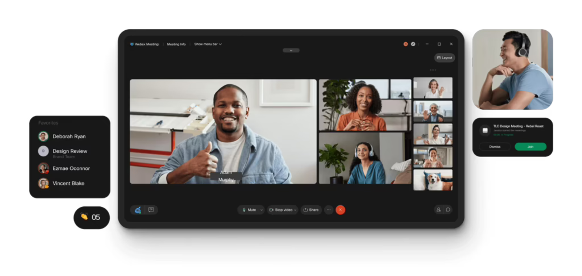 Webex Webinars interface showing multi-participant video grid, favorites panel, and meeting notifications for enterprise broadcasts.
