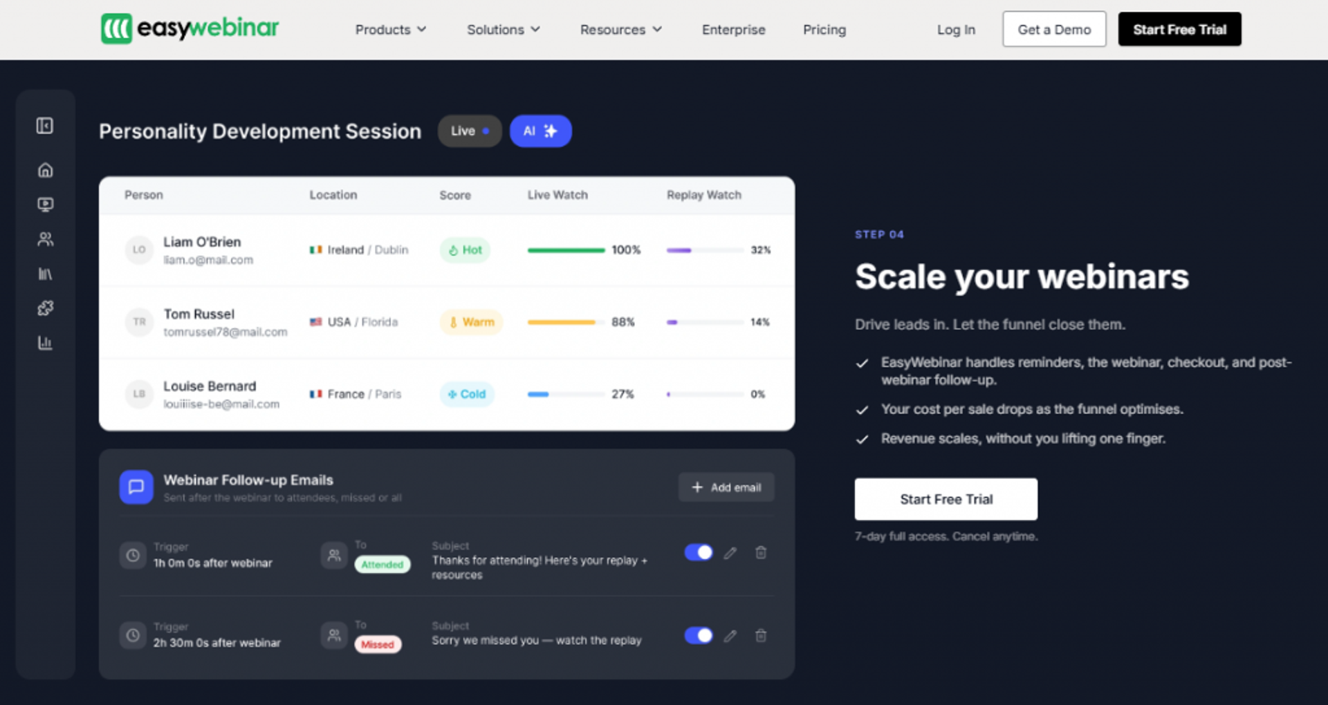 EasyWebinar dashboard scoring live webinar attendees and automating post-webinar follow-up emails for coaches