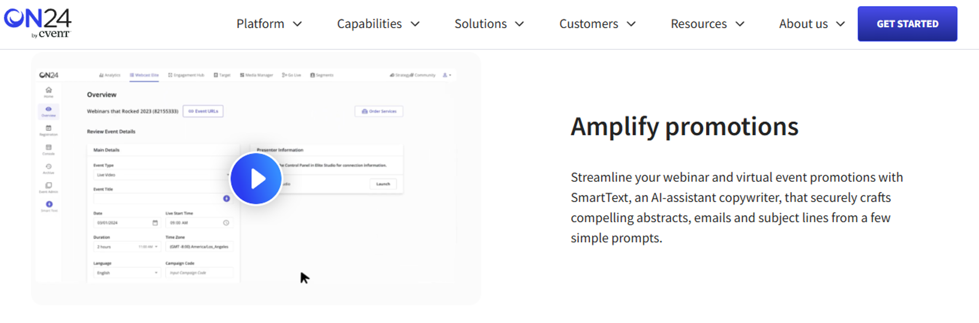  ON24 dashboard with SmartText AI assistant drafting webinar abstracts, emails, and subject lines