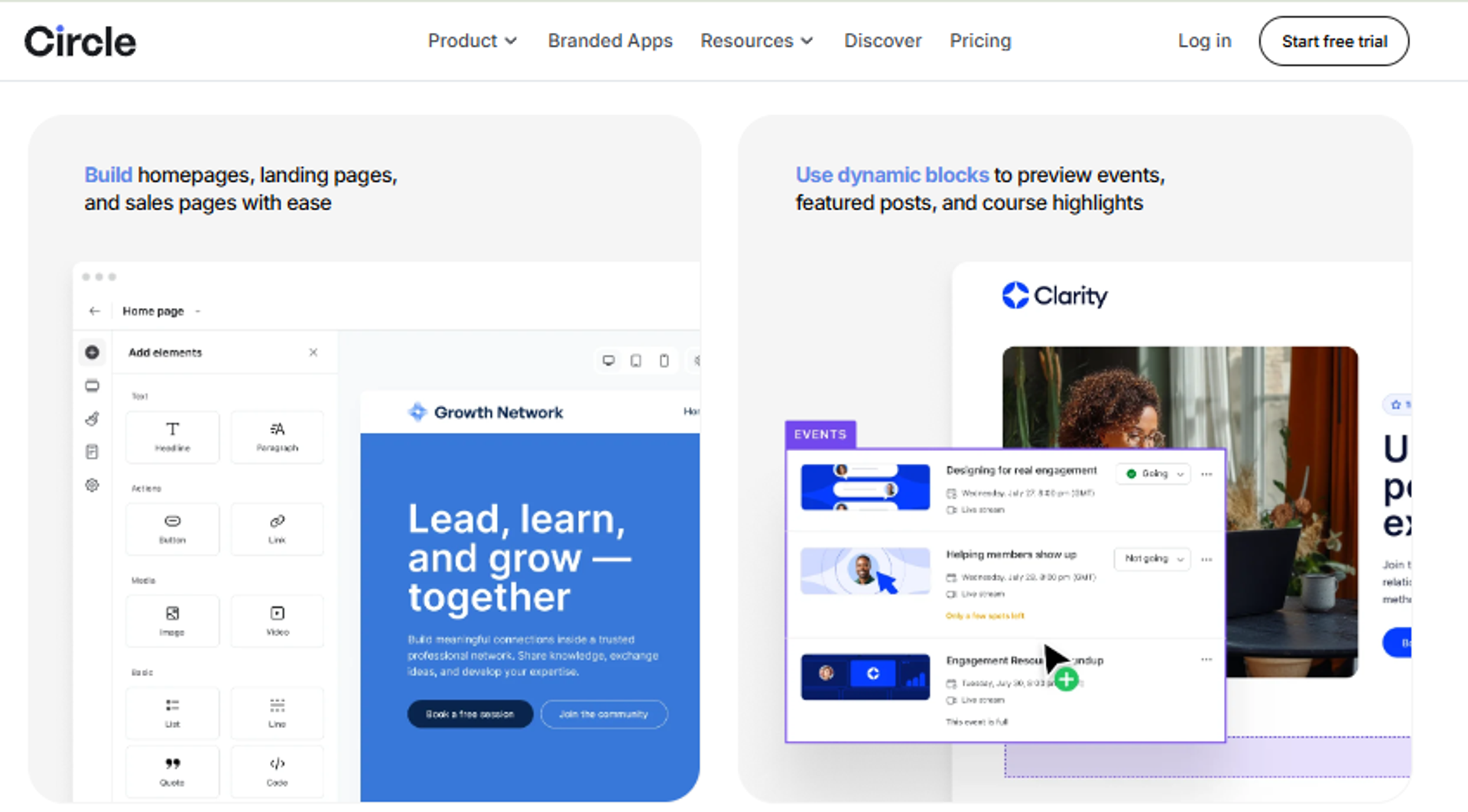 Circle cohort training platform builder for landing pages, event previews, course highlights, and community engagement