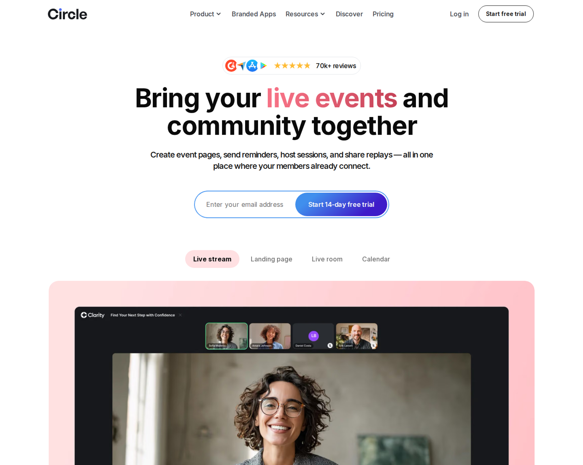 Circle events page reading Bring your live events and community together, with a live stream preview
