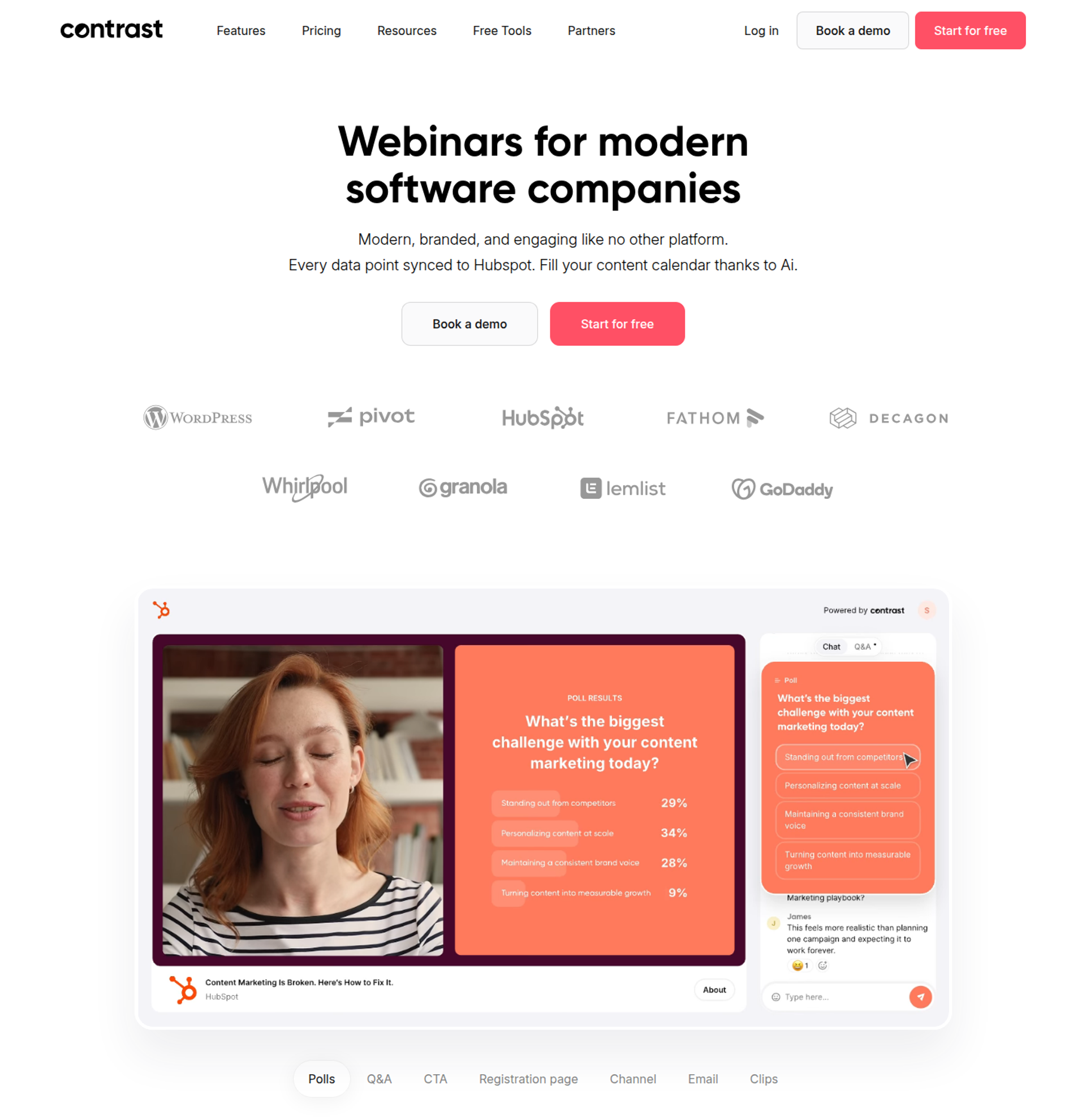 Contrast homepage headline, customer logos, and a webinar room showing a live poll with audience results