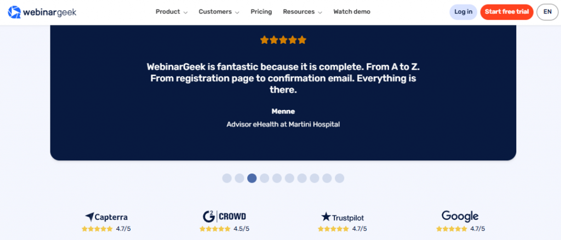 WebinarGeek review slide with five-star testimonial and Capterra, G2, Trustpilot, Google rating badges