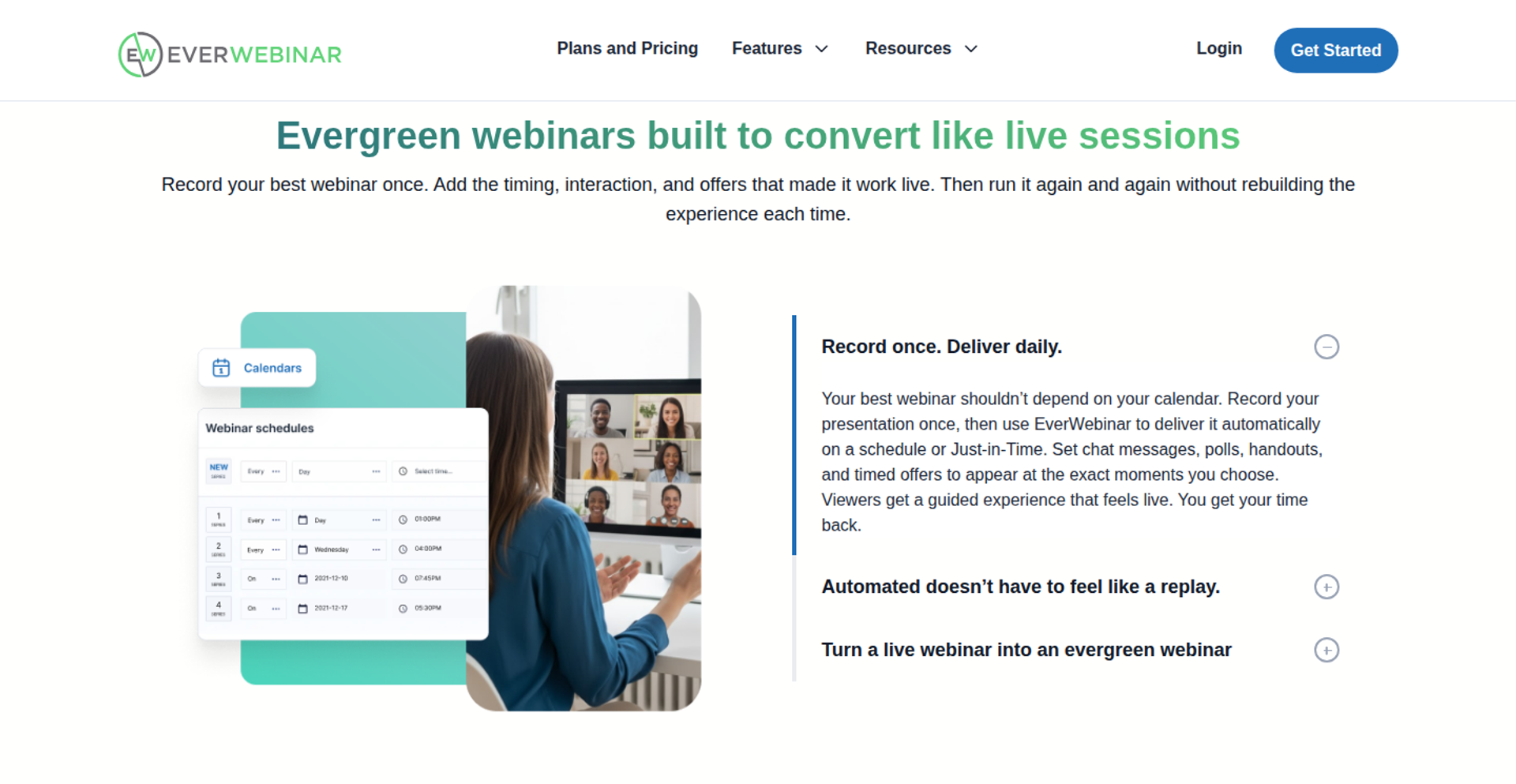 EverWebinar section Evergreen webinars built to convert like live sessions with a webinar schedule and presenter image