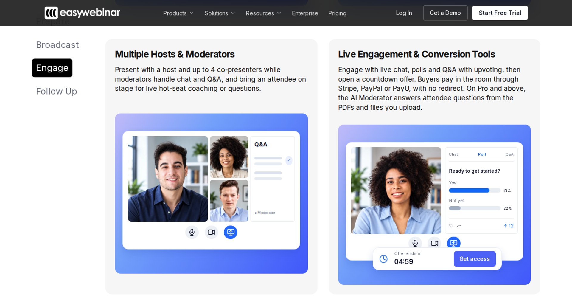 EasyWebinar Q&A panel with hosts and a live poll with offer countdown and Get access button in feature cards