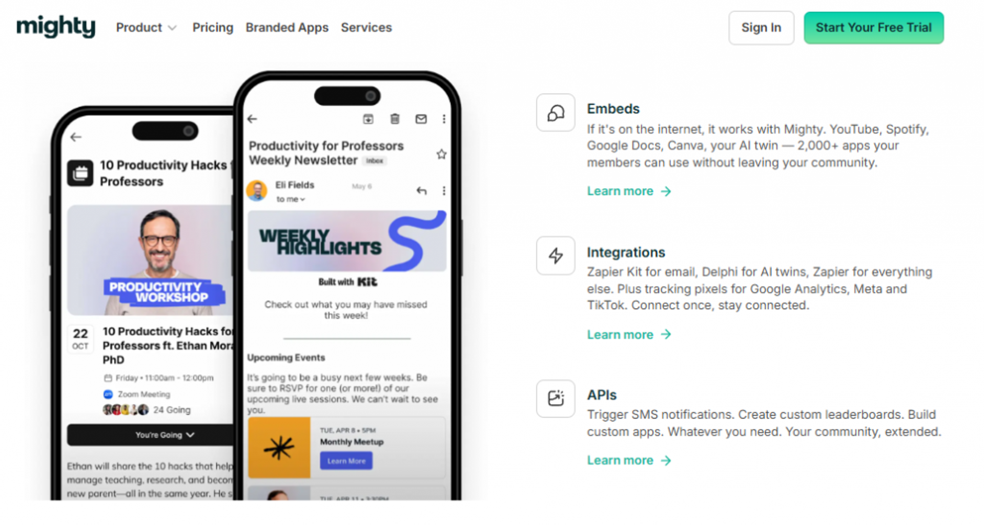  Mighty Networks community engagement platform mobile app showing embeds, integrations, and API connections
