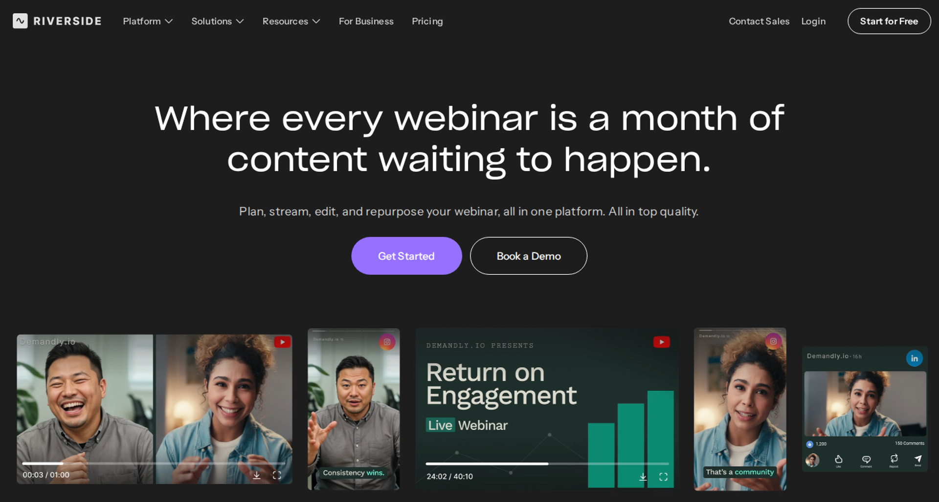 Riverside webinars page with a headline about repurposing webinars above a row of webinar video clips