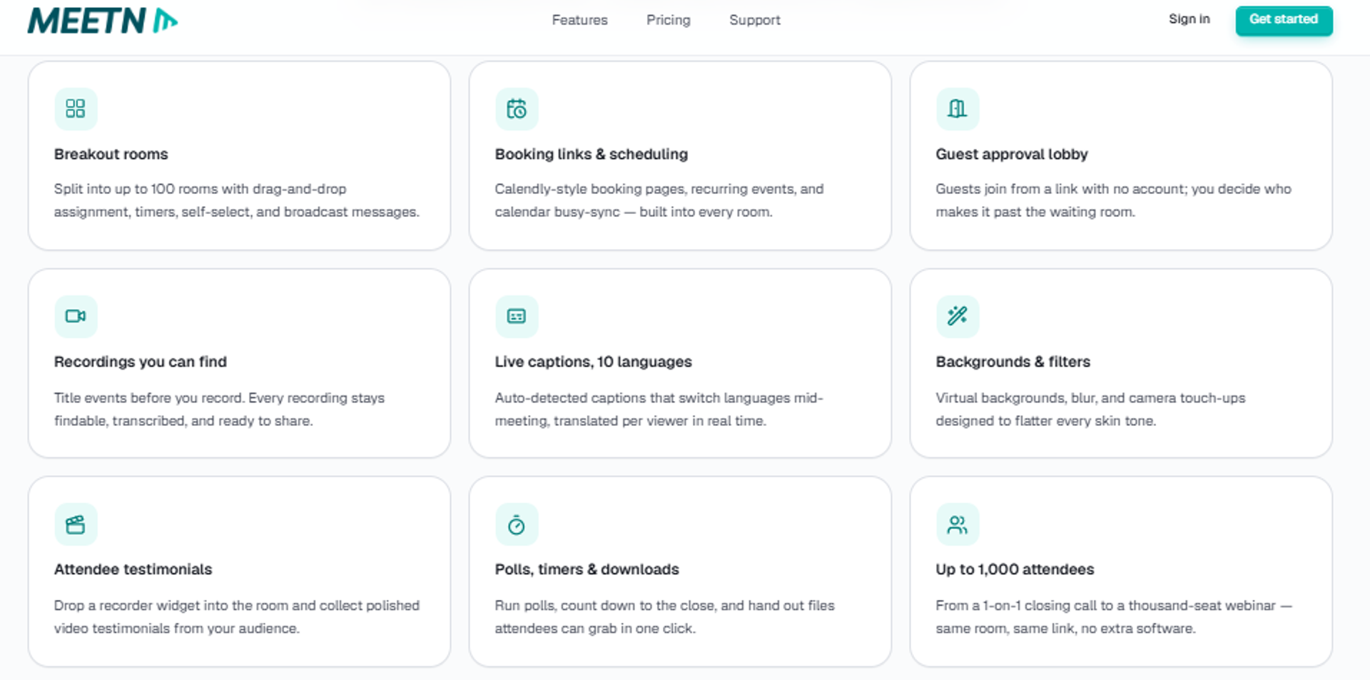 Meetn feature grid showing breakout rooms, guest approval lobby, live captions, polls, and 1,000 attendee capacity