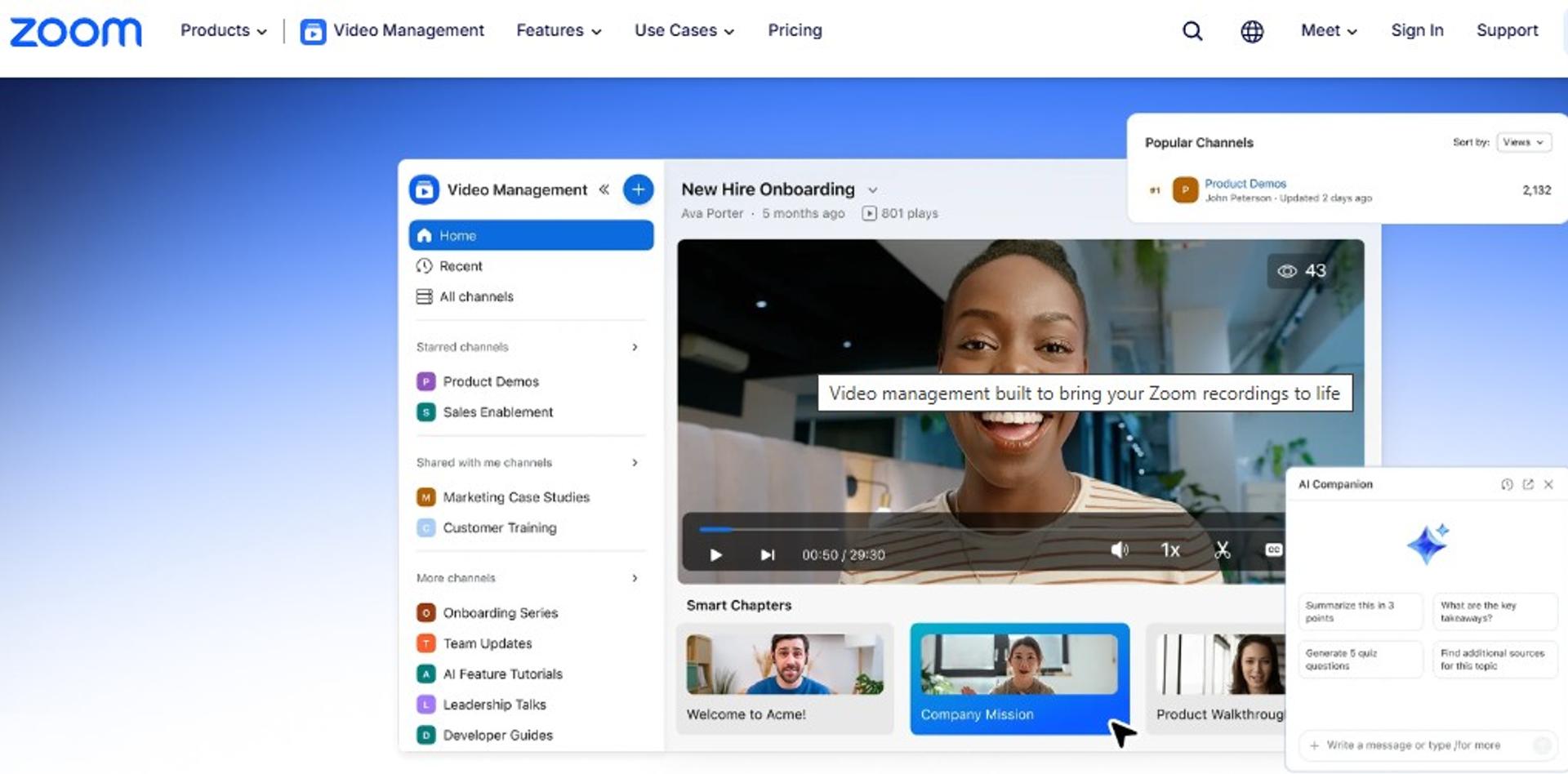 Zoom Video Management dashboard organizing webinar recordings into channels with AI Companion summaries