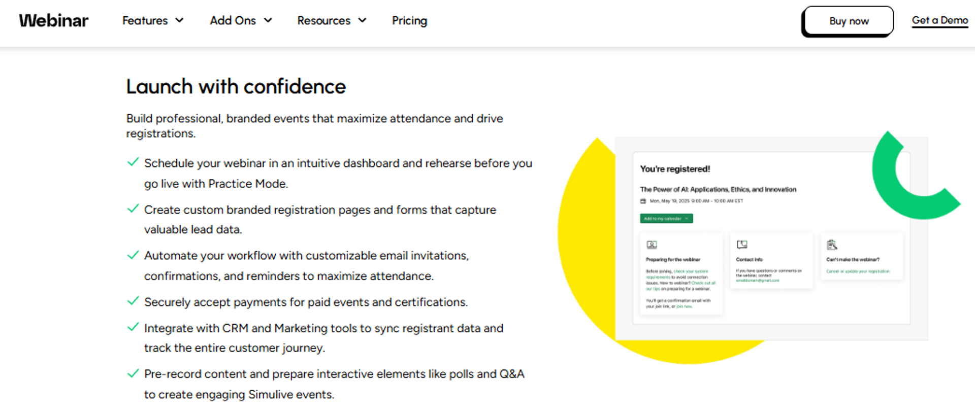 GoTo Webinar training platform showing branded registration, reminders, paid events, CRM integration, and Simulive support