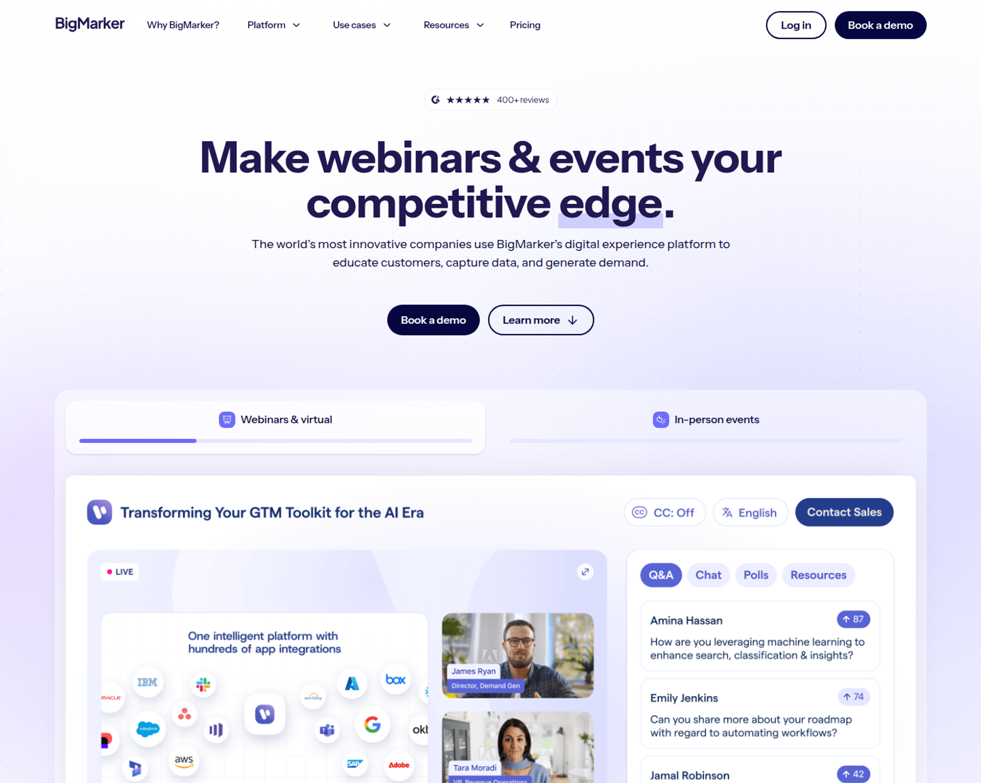 BigMarker homepage headline on webinars and events above a product panel showing a live session with Q&A and chat tabs