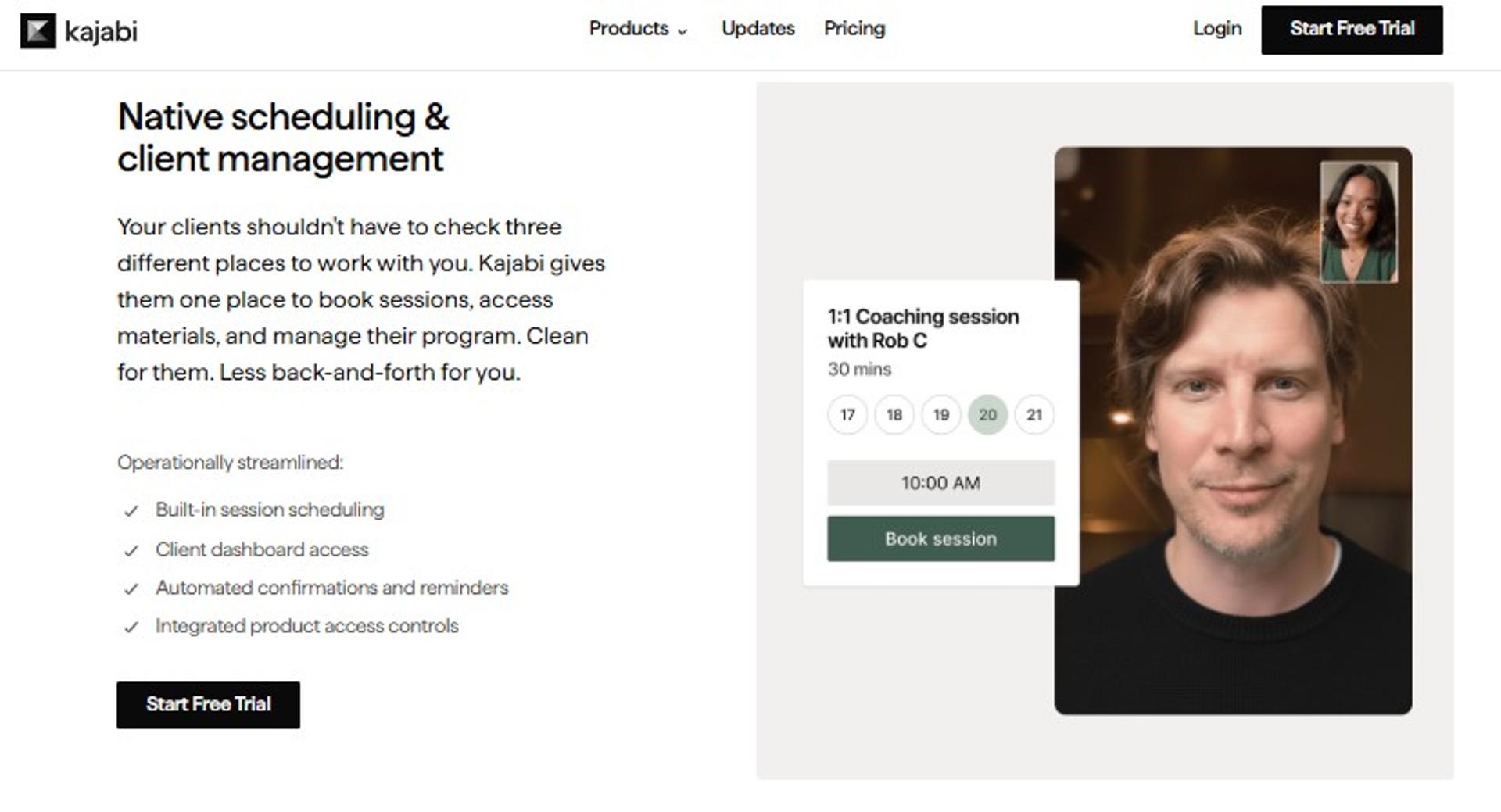 Kajabi native scheduling and client management showing a booked 1:1 coaching session with automated reminders
