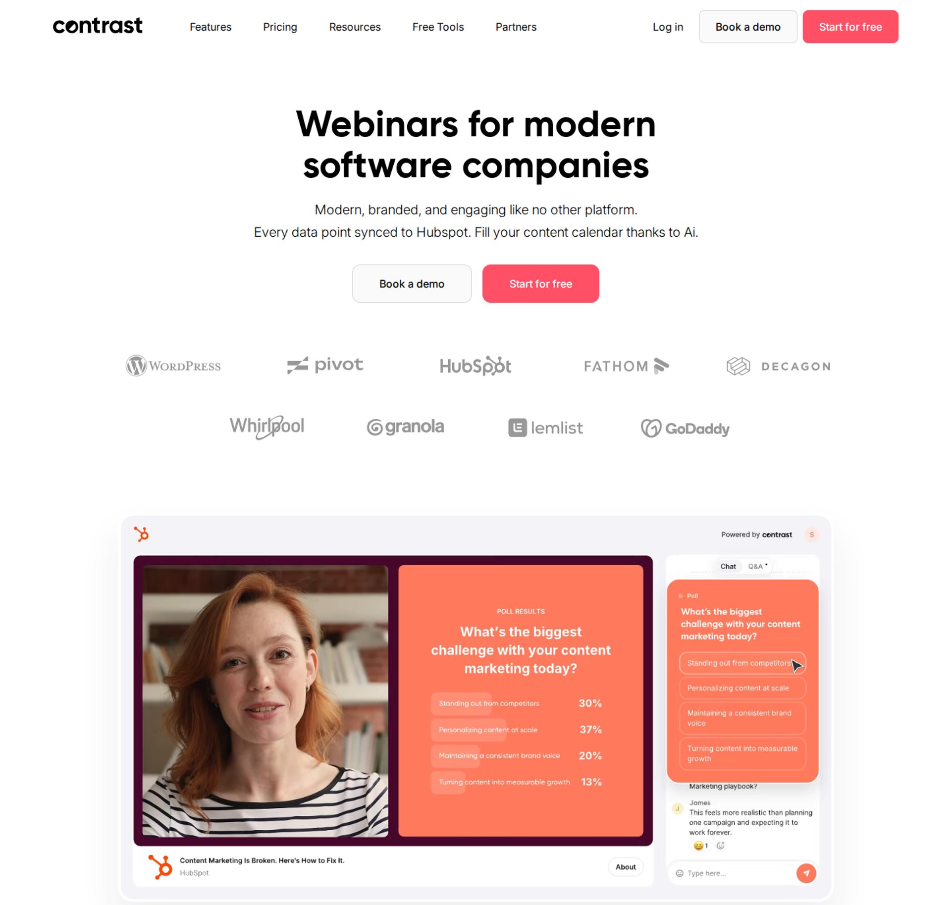 Contrast homepage headline Webinars for modern software companies above a branded webinar room with live polls