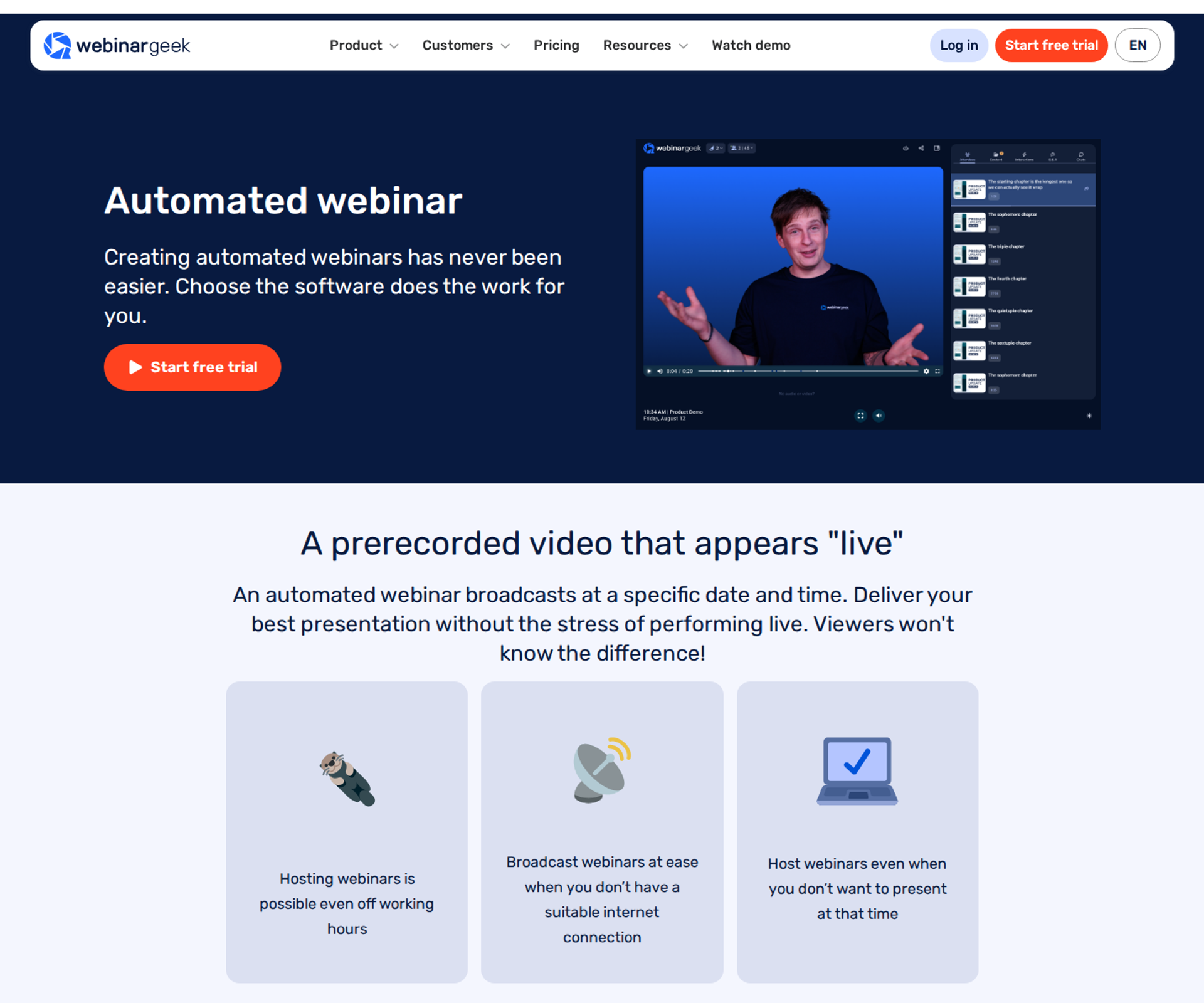 WebinarGeek Automated webinar page with a presenter video and three feature cards on prerecorded broadcasts