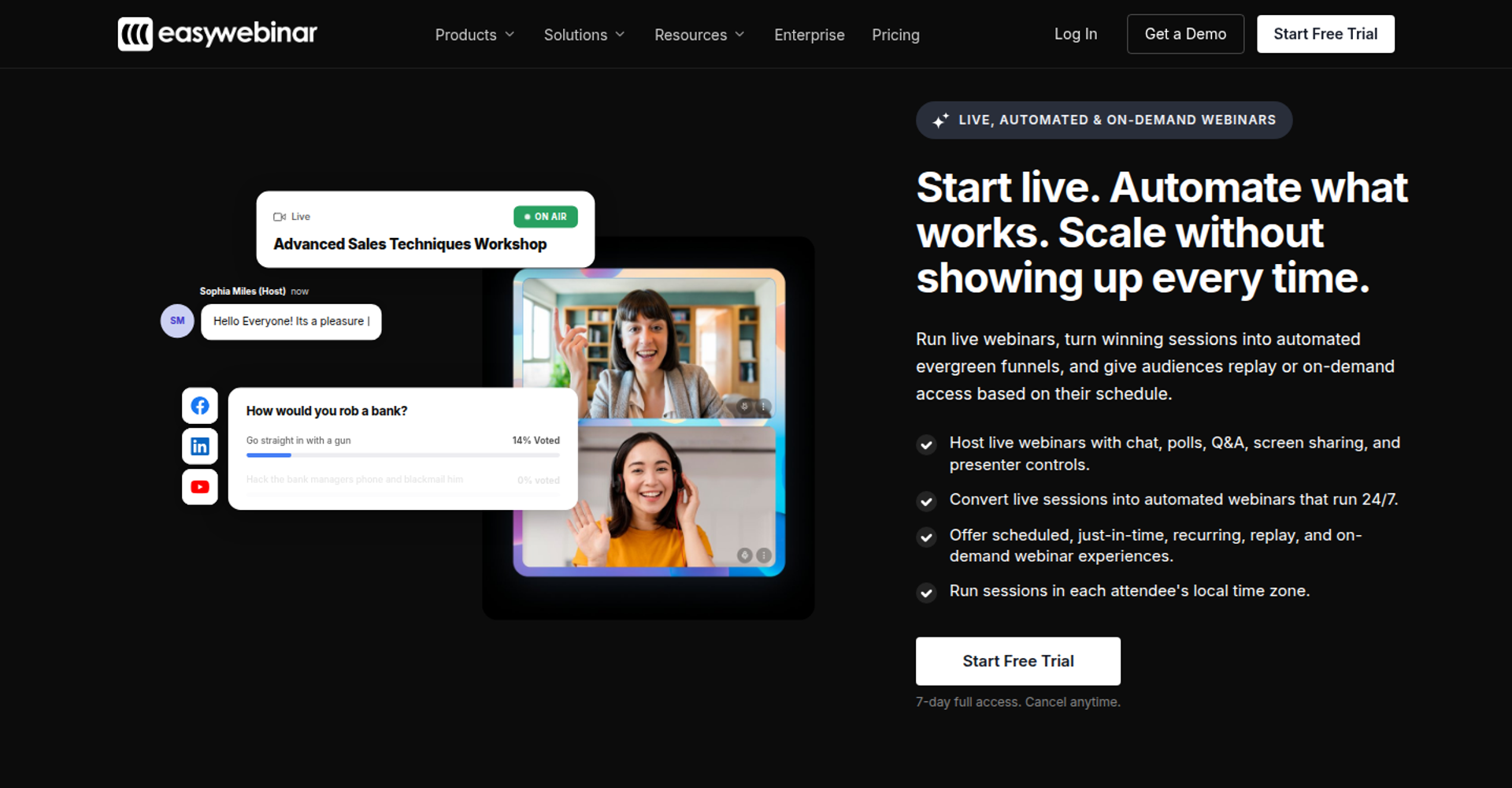 EasyWebinar feature page: live webinar room with chat, poll, and stream icons beside the Start live, automate what works text
