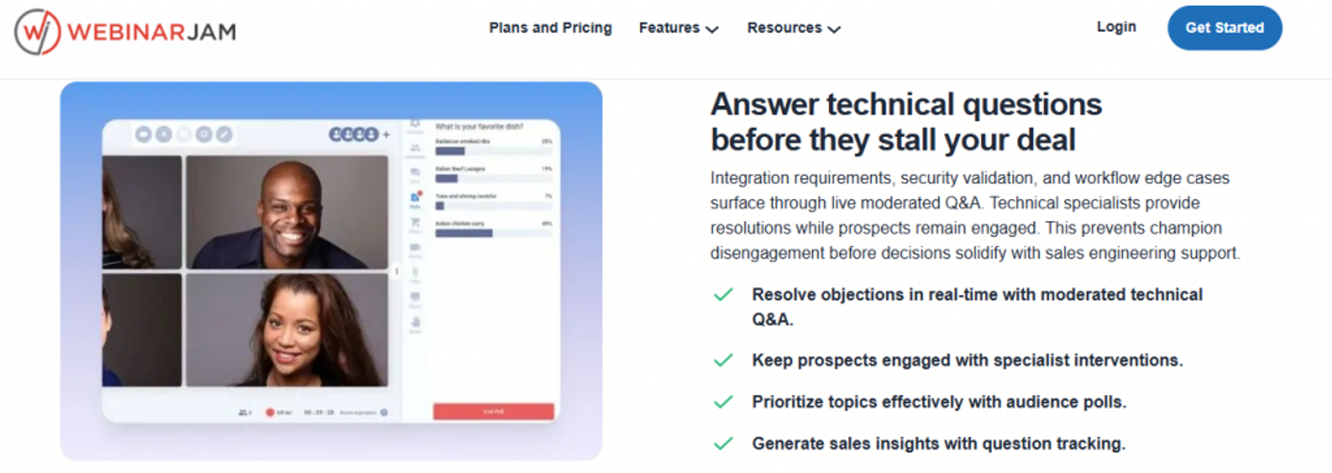 WebinarJam interactive webinar platform showing moderated live Q&A and audience polls for sales