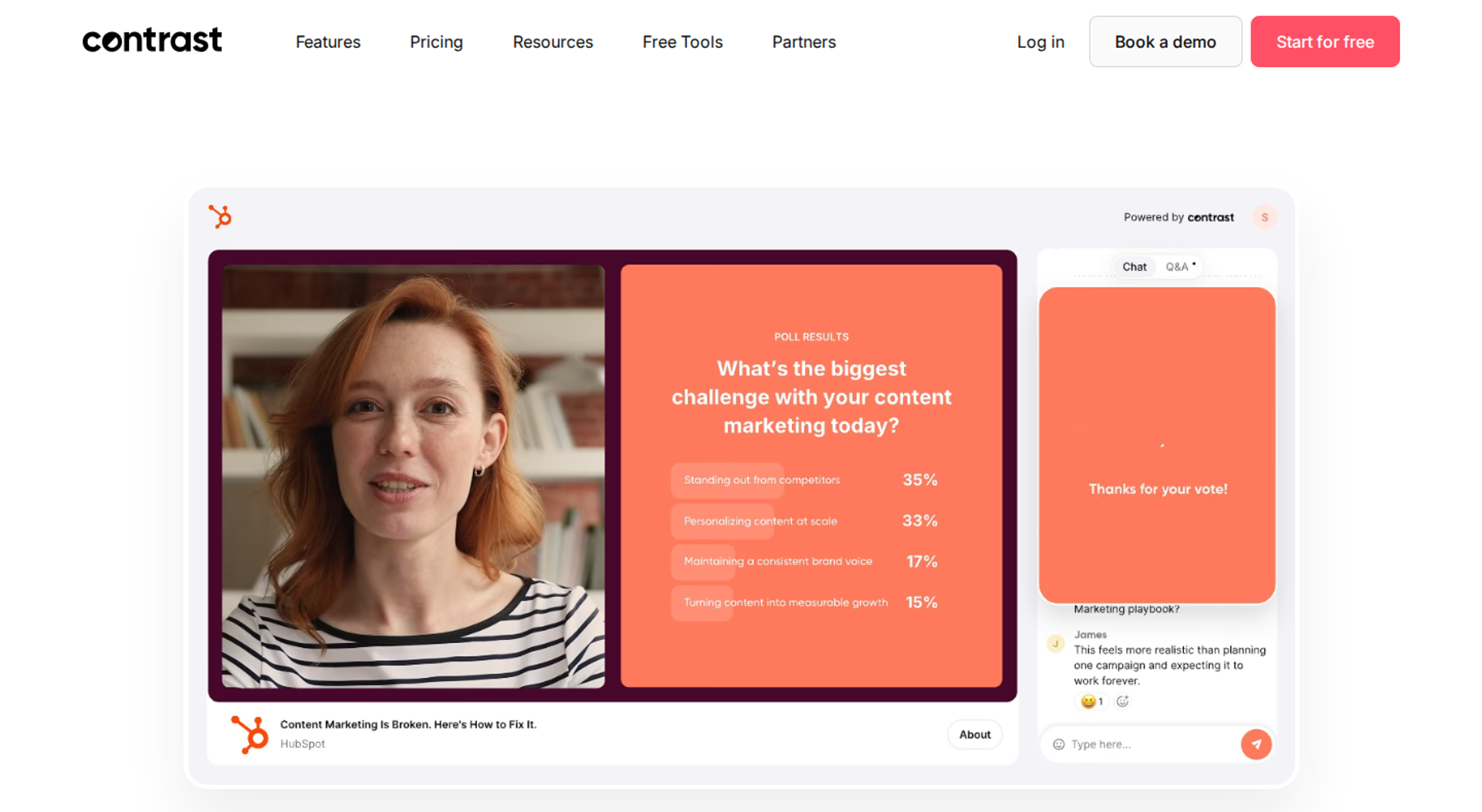 Contrast webinar room showing a presenter, live poll results, and a chat and Q&A sidebar