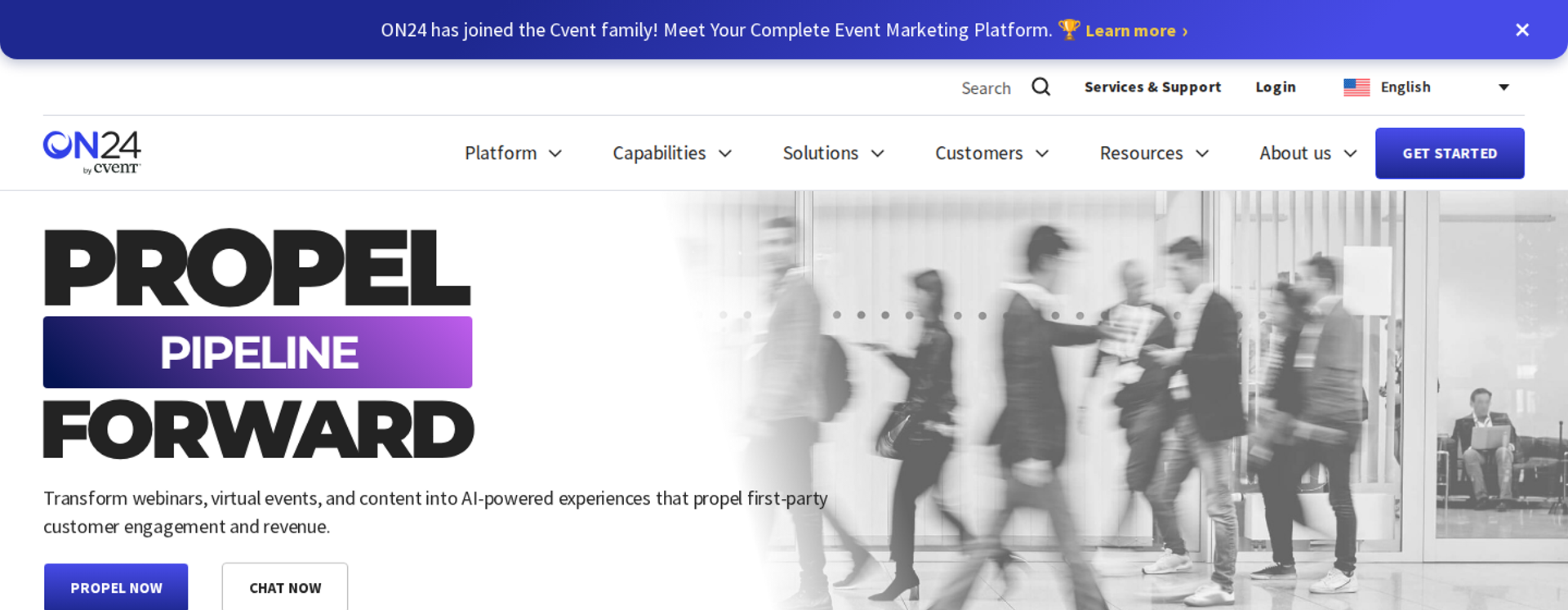 ON24 homepage with the headline Propel Pipeline Forward beside a black and white image of people in motion