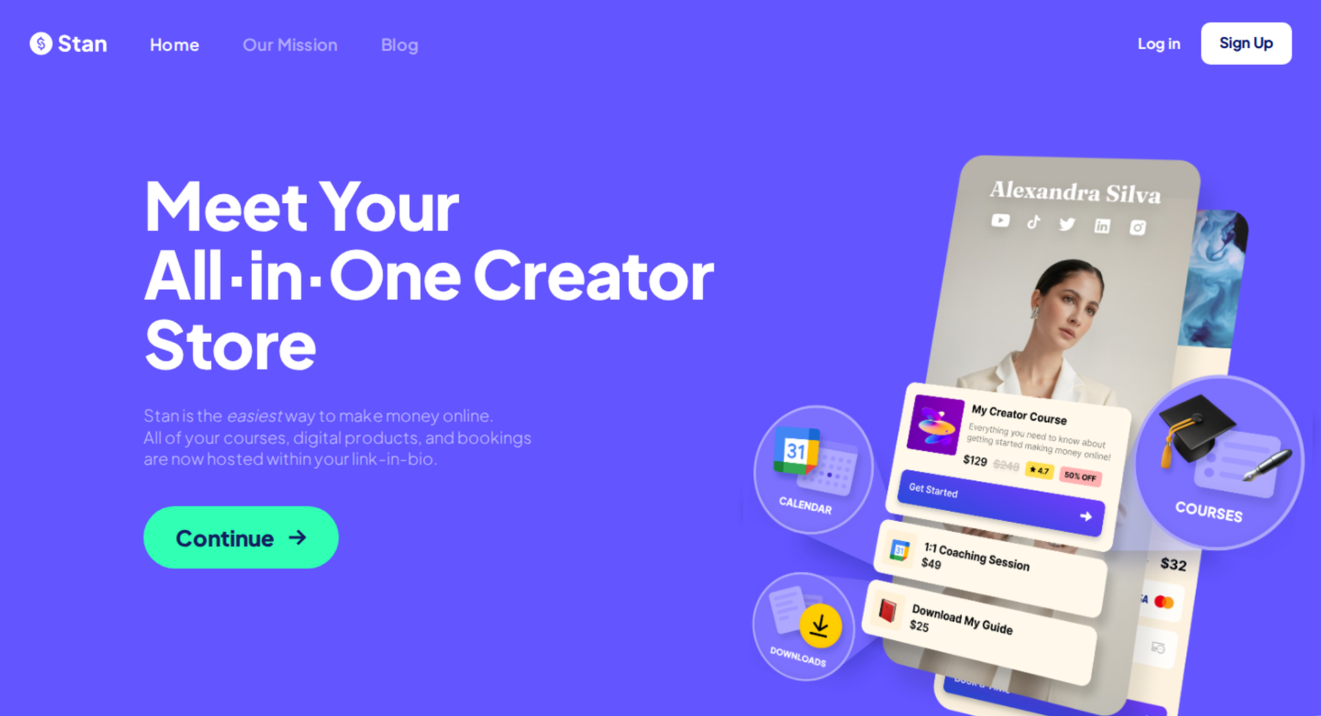 Stan Store homepage headline Meet Your All-in-One Creator Store beside a phone mockup of a creator storefront