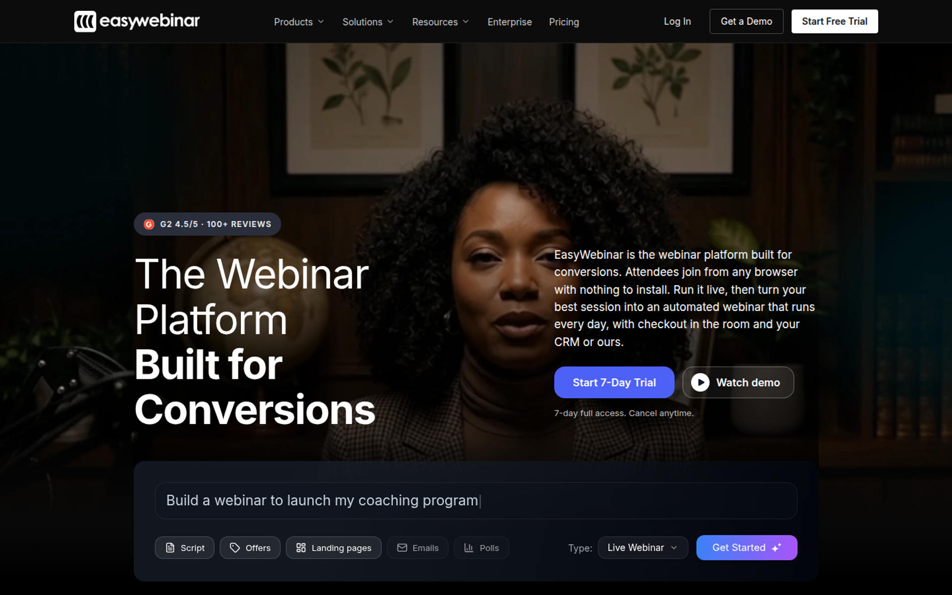 EasyWebinar homepage hero with the headline The Webinar Platform Built for Conversions and an AI webinar builder prompt bar