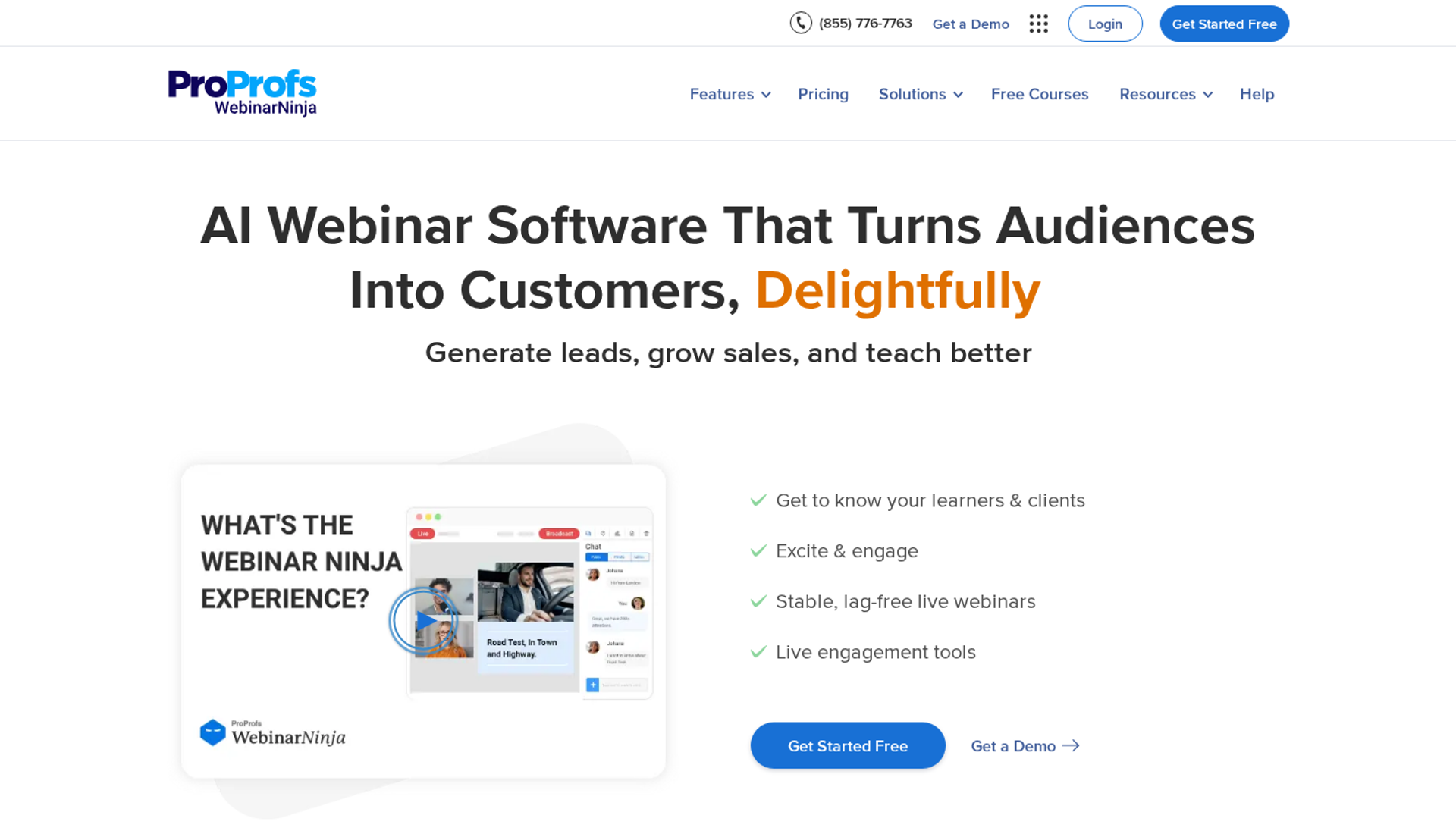 ProProfs WebinarNinja homepage with headline, product video preview, and live engagement feature points