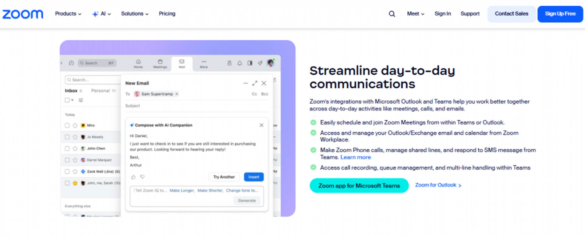 Zoom Webinars integration with Microsoft Outlook and Teams shown inside the Zoom Workplace email interface