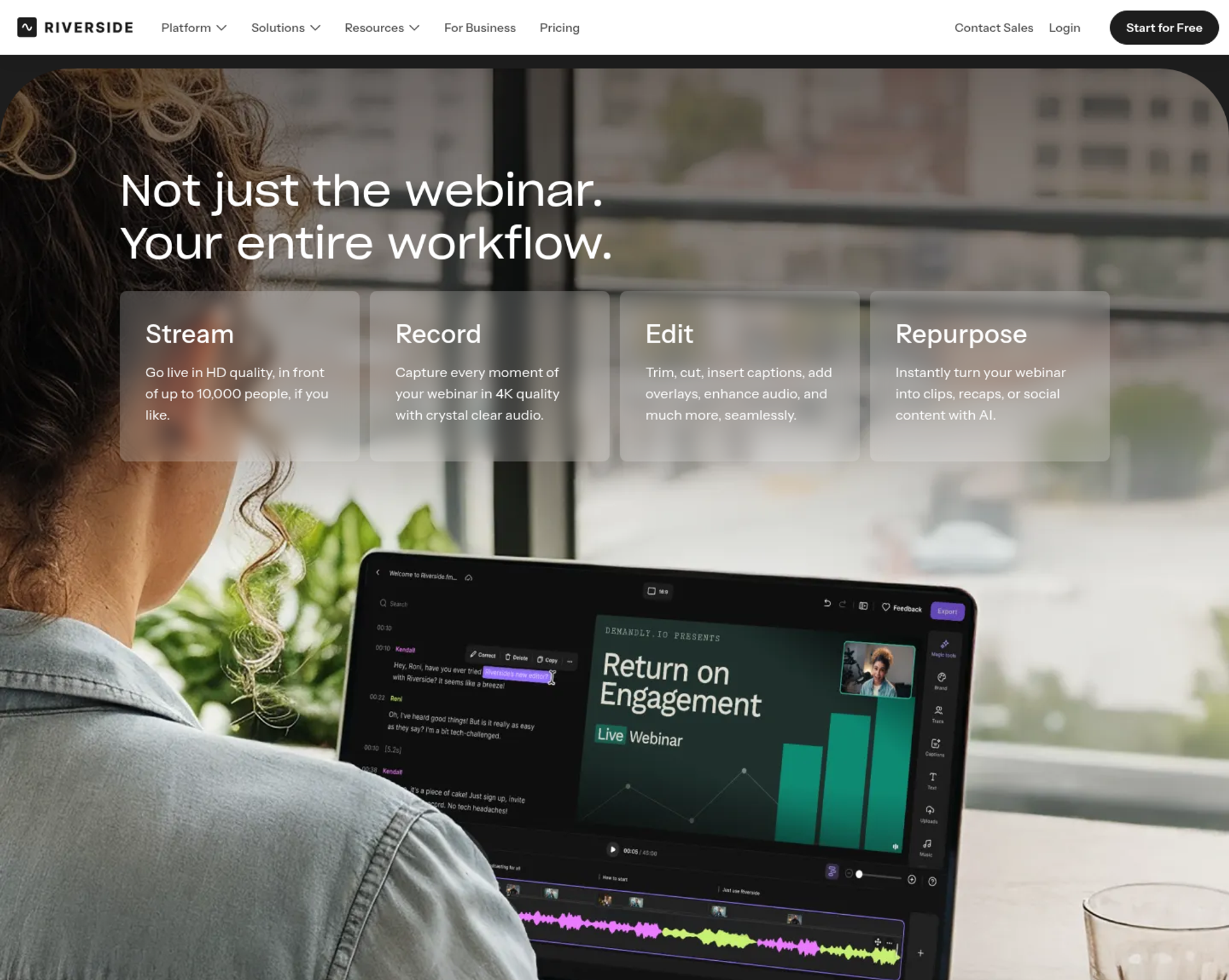 Riverside webinar page with stream, record, edit, and repurpose features above a laptop editing a webinar