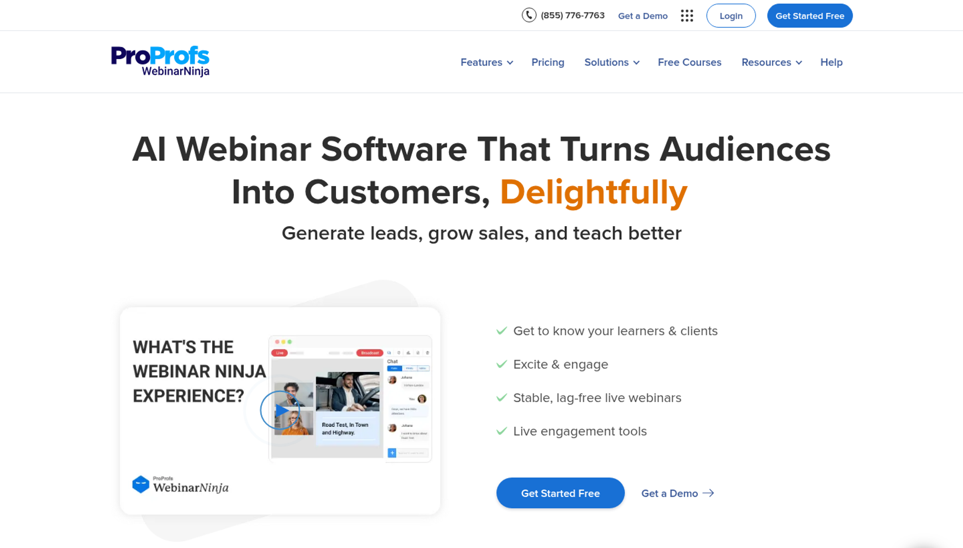ProProfs WebinarNinja homepage showing the WebinarNinja logo, the headline AI Webinar Software That Turns Audiences Into Customers, and a webinar experience preview