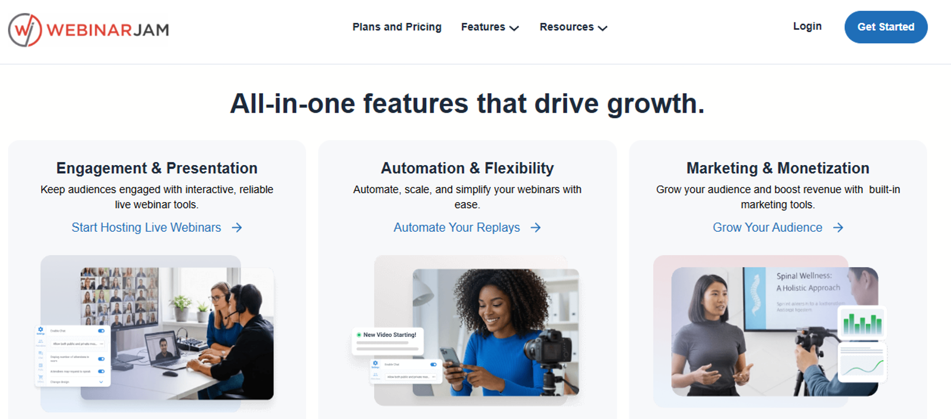 WebinarJam features page showing engagement, automation, and monetization tools