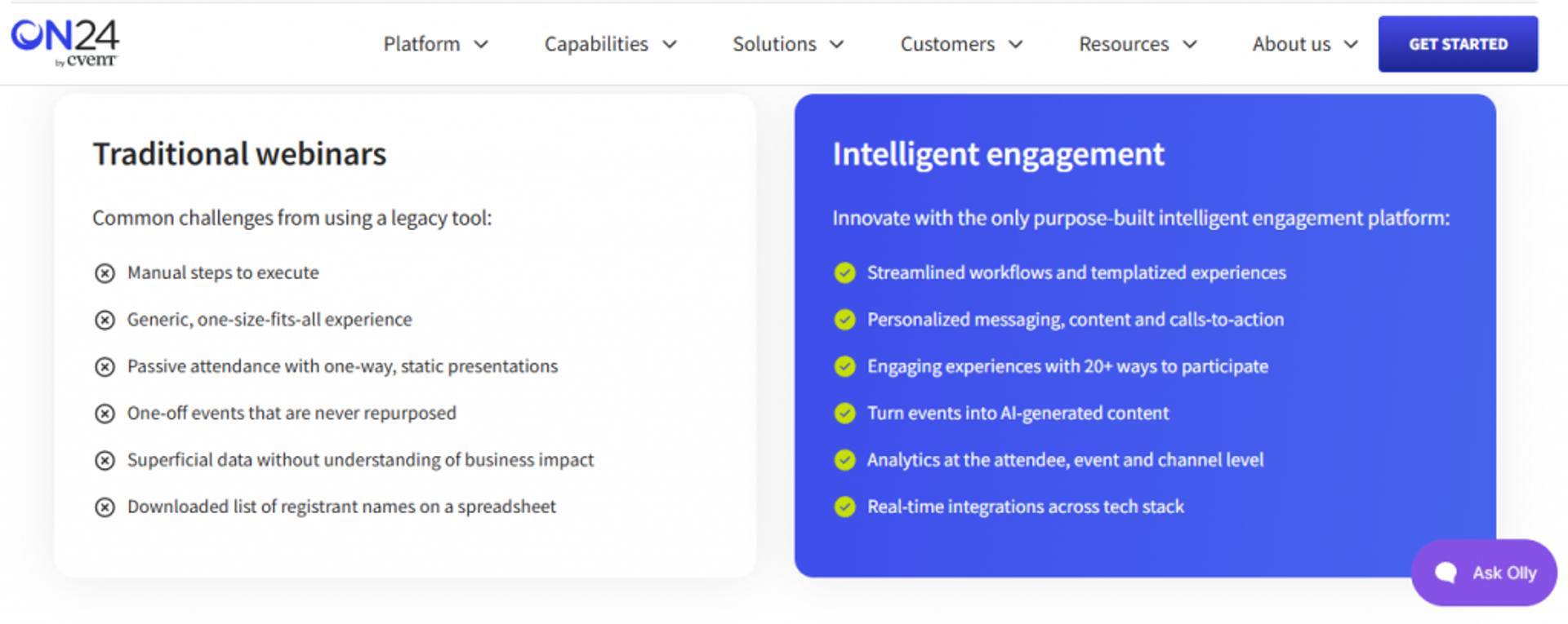 ON24 comparison of traditional webinars versus intelligent engagement with analytics and AI-generated content