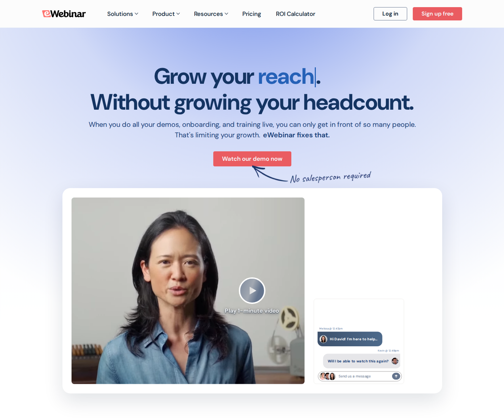 eWebinar homepage with the headline Grow your reach without growing your headcount above an automated webinar video
