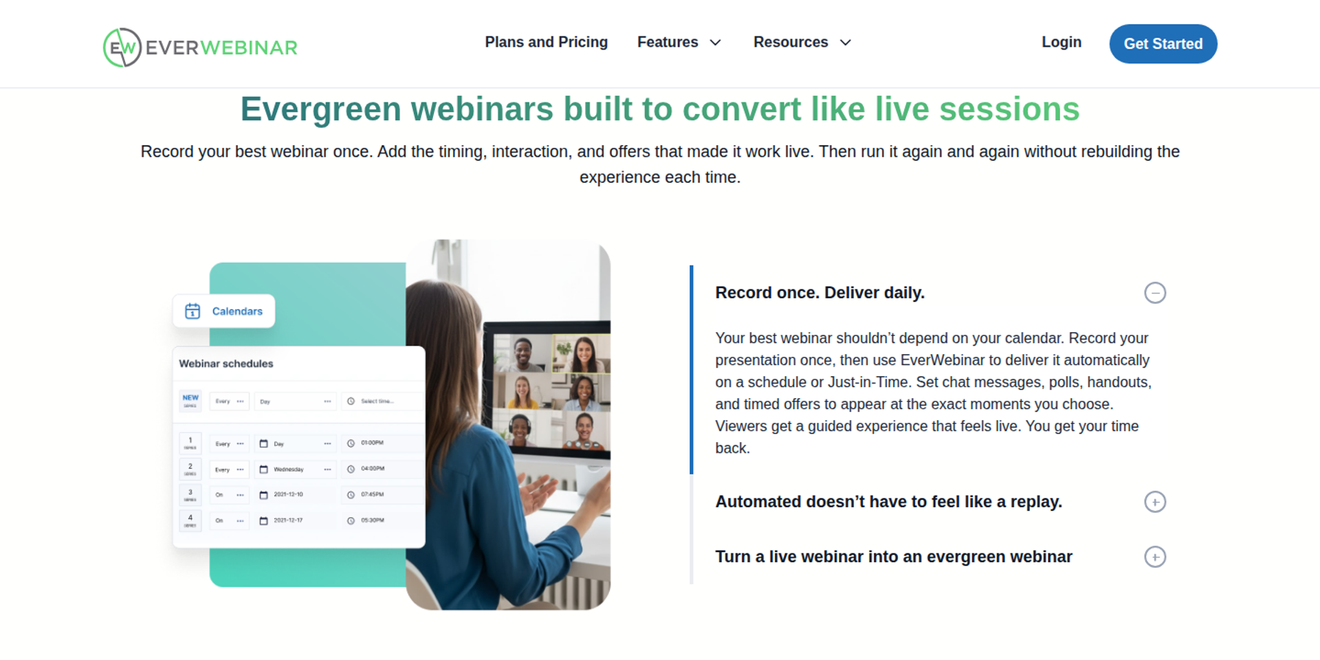 EverWebinar evergreen section with a webinar schedule image on the left and Record once, deliver daily text on the right