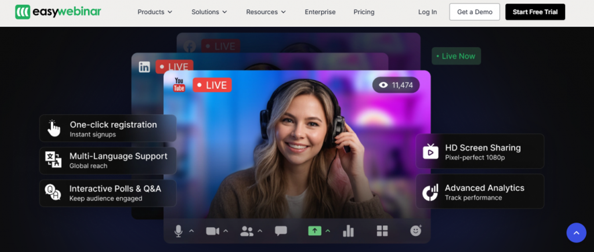 EasyWebinar interactive webinar platform showing multistream live event with polls, Q&A and analytics