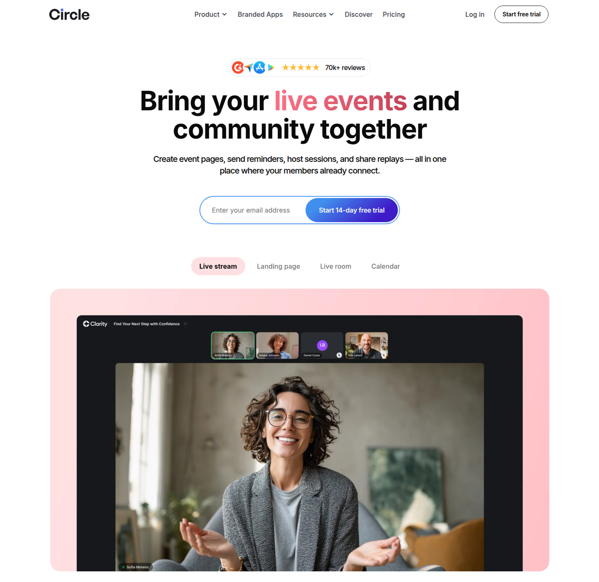 Circle events page headline Bring your live events and community together above a live stream of a smiling host