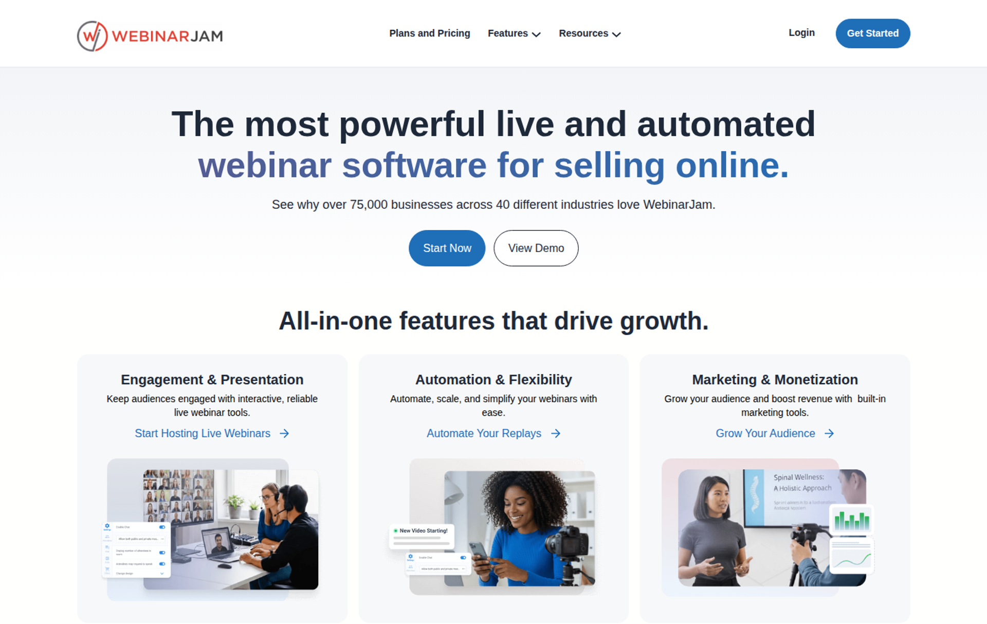 WebinarJam homepage headline on live and automated webinar software above three feature cards with presenter photos