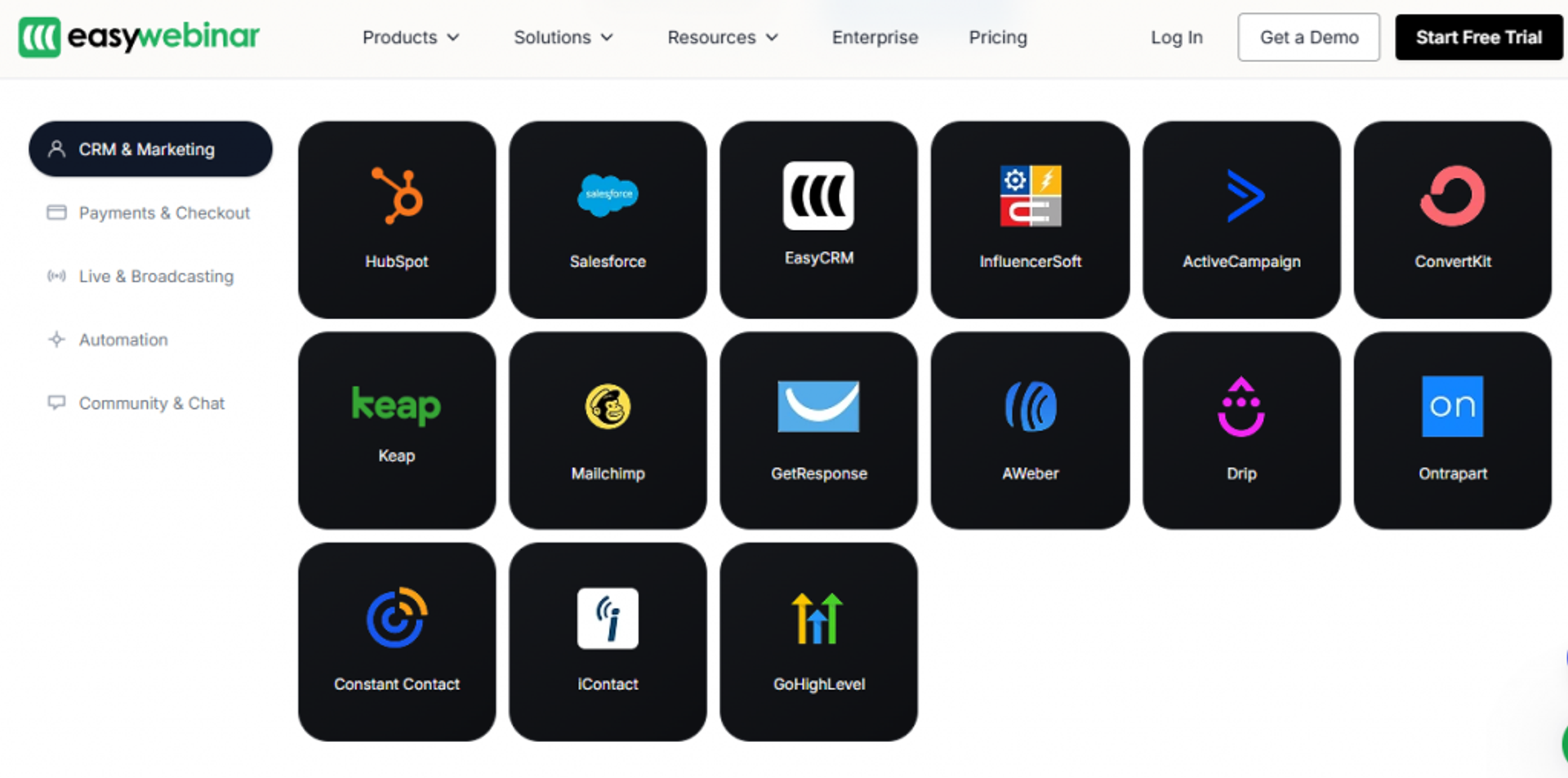  EasyWebinar CRM and marketing integrations grid including HubSpot, Salesforce, EasyCRM, ActiveCampaign, and Keap