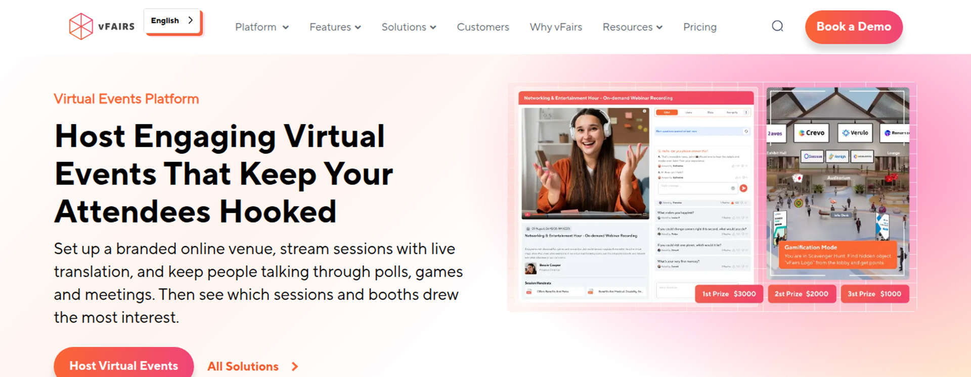 vFairs virtual event platform page with headline about engaging virtual events and screenshots of a branded online venue