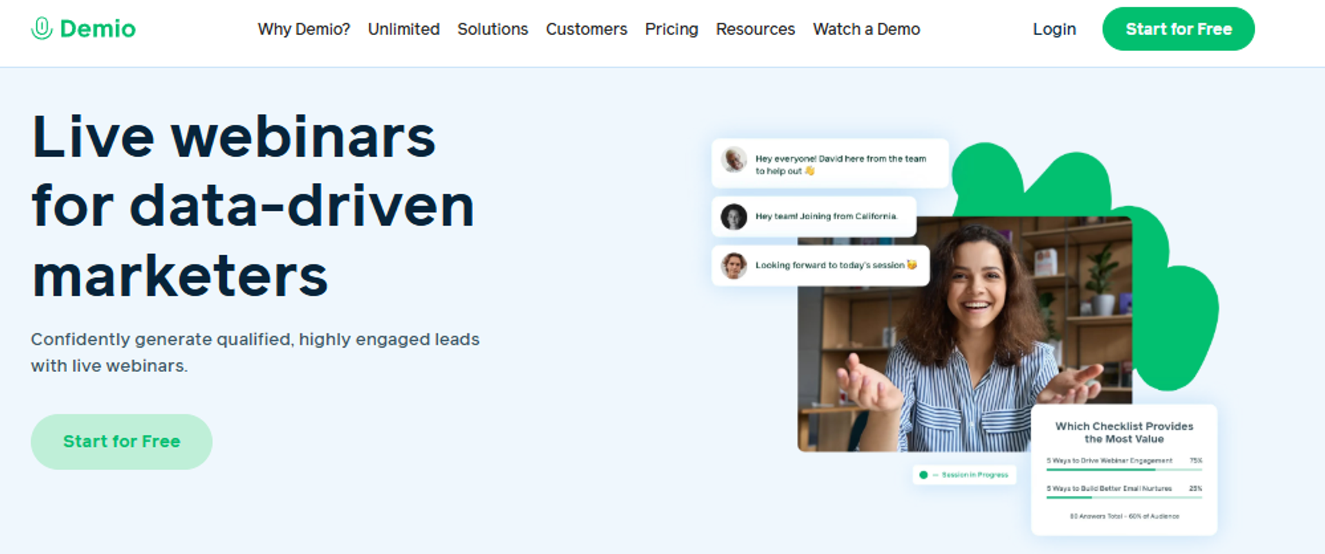 Demio interactive webinar platform homepage highlighting live chat and audience poll for marketers